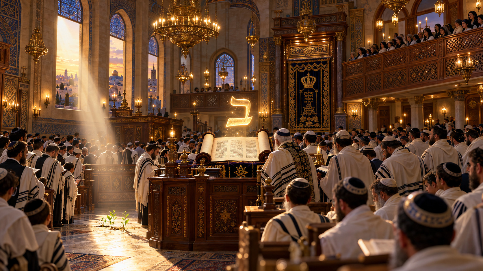 Une foule nombreuse au Beith Haknesset autour de la téva, un Séfer Torah ouvert à la paracha Béréchit, les hommes dans la salle et les femmes à la galerie, lumière dorée du matin