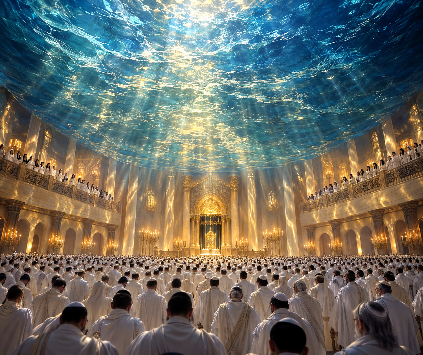 Kippour — l’assemblée d’Israël en blanc sous une immense étendue d’eaux de lumière