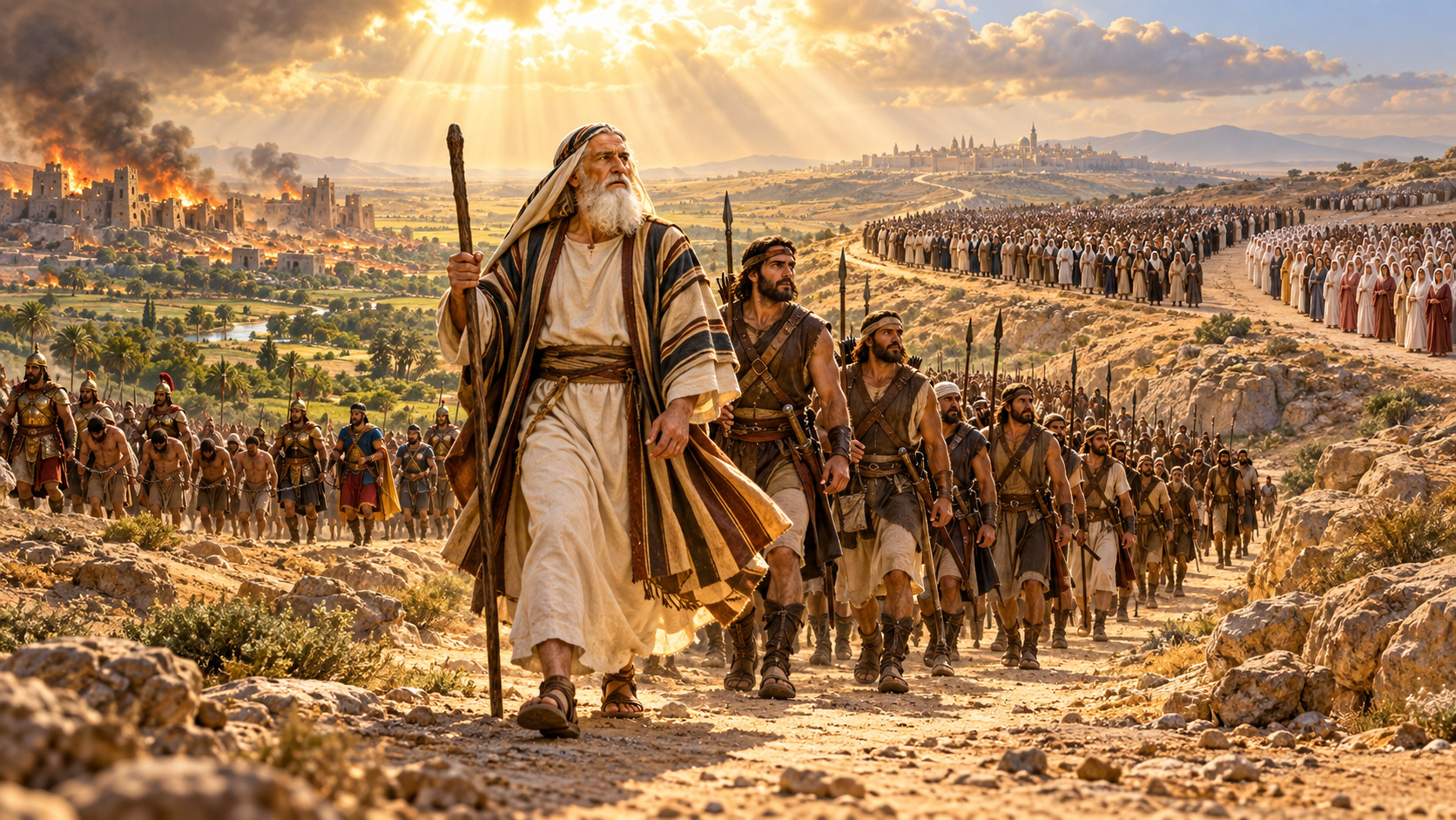 Avraham et ses trois cent dix-huit disciples partent sauver Lot, dans une lumière dorée